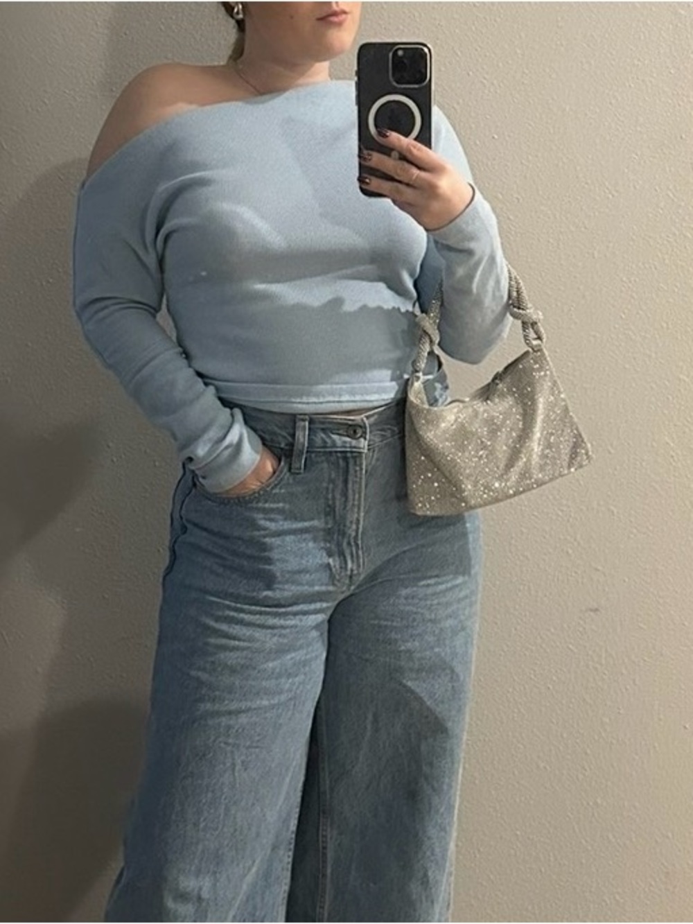 Free People Light Blue Off‑Shoulder Long Sleeve Top
